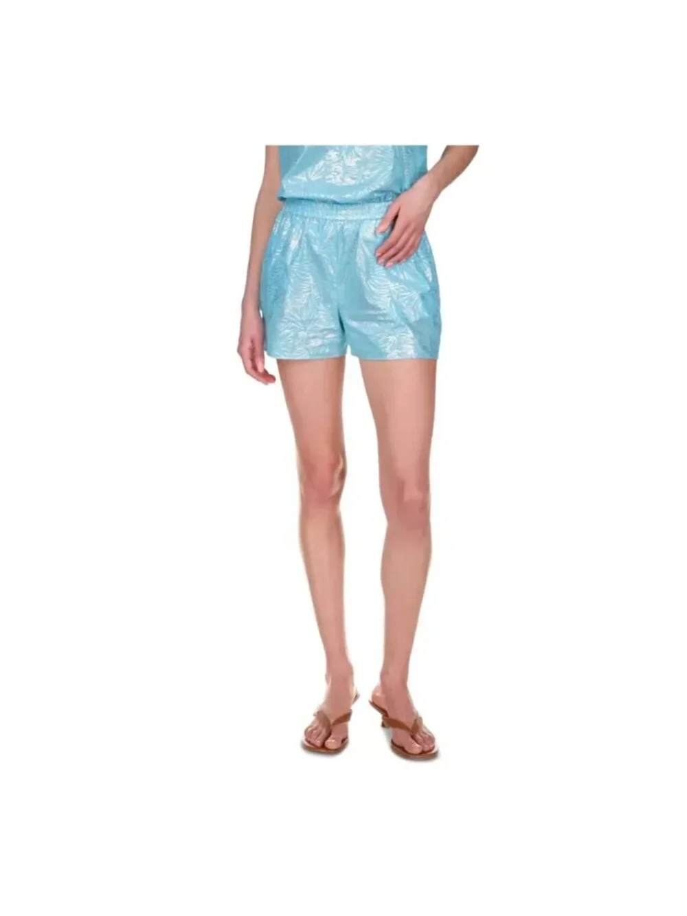 MICHAEL KORS Light Cotton Shine Metallic Print Shorts Turquoise Blue Size M $84